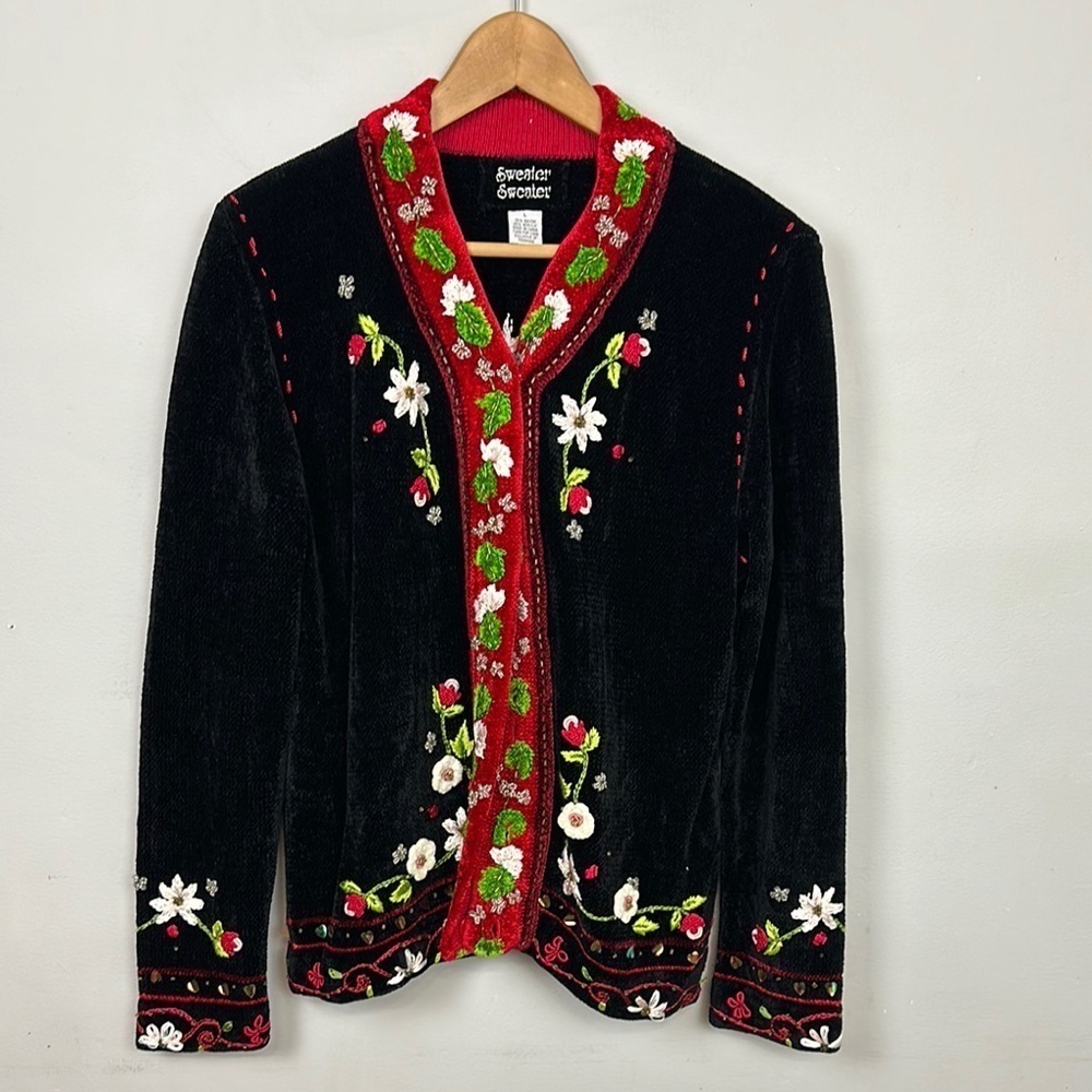 Vintage Chenille Holiday Decor Beaded Embroidered Christmas Cardigan Sz L